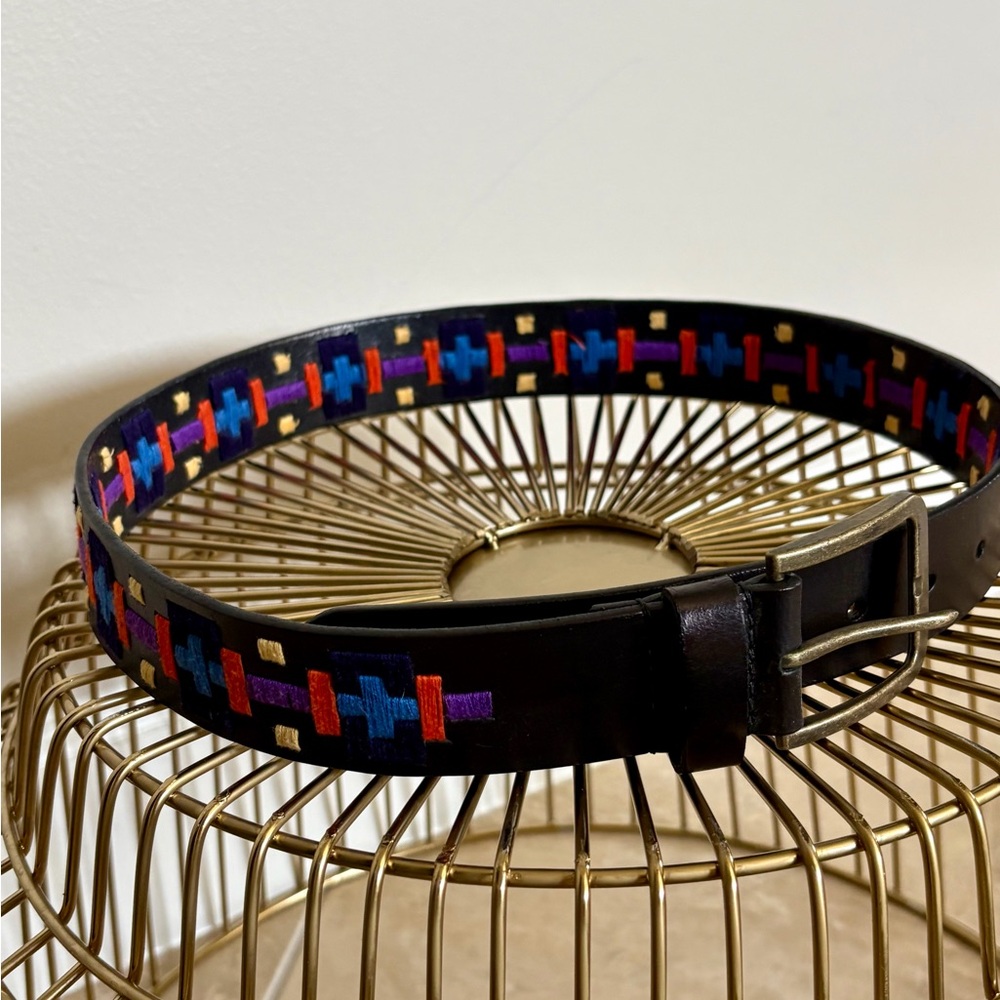 Free People Embroidered Belt Black Multi Color Leather Size 37”